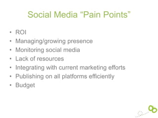 Social Media “Pain Points”
•   ROI
•   Managing/growing presence
•   Monitoring social media
•   Lack of resources
•   Integrating with current marketing efforts
•   Publishing on all platforms efficiently
•   Budget
 