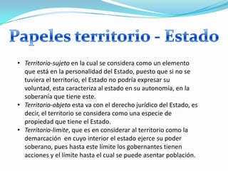 • Territorio-sujeto en la cual se considera como un elemento
que está en la personalidad del Estado, puesto que si no se
tuviera el territorio, el Estado no podría expresar su
voluntad, esta caracteriza al estado en su autonomía, en la
soberanía que tiene este.
• Territorio-objeto esta va con el derecho jurídico del Estado, es
decir, el territorio se considera como una especie de
propiedad que tiene el Estado.
• Territorio-limite, que es en considerar al territorio como la
demarcación en cuyo interior el estado ejerce su poder
soberano, pues hasta este límite los gobernantes tienen
acciones y el límite hasta el cual se puede asentar población.
 