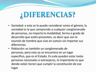 • Sociedad: a esta se le puede considerar como el género, la
sociedad es la que comprende a cualquier conglomerado
de personas, no importa la modalidad, forma o grado de
desarrollo que estén presenten, es decir que son la
reunión de hombre que vive en común sin importar sus
diferencias.
• Población: es también un conglomerado de
personas, pero este ya se encuentra en un lugar
específico, que es el Estado. En este pueden estar tanto
personas nacionales o extranjeros, lo importante es que
donde están tienen que cumplir la constitución de ese
lugar.
 
