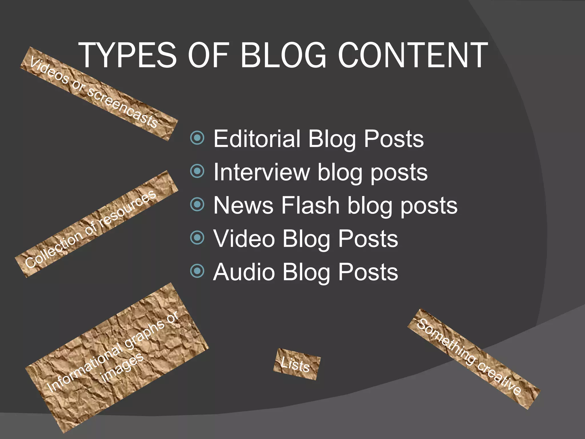TYPES OF BLOG CONTENT  Editorial Blog Posts Interview blog posts News Flash blog posts Video Blog Posts Audio Blog Posts Lists  Informational graphs or images Videos or screencasts Collection of resources Something creative  