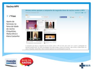 Vacina HPV
 1ª Fase
Apoio de
famosas na
faixa de idade
da vacina
Chiquititas,
Maísa Silva e
Klara Castanho
 