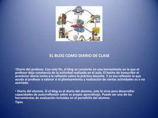 EL BLOG COMO DIARIO DE CLASEDiario del profesor. Con este fin, el blog se convierte en una herramienta en la que el profesor deja constancia de la actividad realizada en el aula. El hecho de transcribir el acontecer diario invita a la reflexión sobre la práctica docente. Y es esa reflexión la que ayuda al profesor a valorar si el planteamiento y realización de ciertas actividades es o no acertado. 