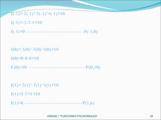 UNIDAD 1 "FUNCIONES POLINOMIALES" f(-1)= 2(-1) 3 -7(-1) 2 +(-1)+10 f(-1)=-2-7-1+10 f(-1)=0 ------------------------------------P(-1,0) f(0)= 2(0) 3 -7(0) 2 +(0)+10 f(0)=0-0-0+10 F(0)=10 ------------------------------------P(0,10) f(1)= 2(1) 3 -7(1) 2 +(1)+10 f(1)=2-7+1+10 f(1)=6 ------------------------------------P(1,6) 