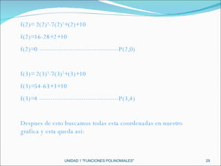 UNIDAD 1 "FUNCIONES POLINOMIALES" f(2)= 2(2) 3 -7(2) 2 +(2)+10 f(2)=16-28+2+10 f(2)=0 ------------------------------------P(2,0) f(3)= 2(3) 3 -7(3) 2 +(3)+10 f(3)=54-63+3+10 f(3)=4 ------------------------------------P(3,4) Despues de esto buscamos todas esta coordenadas en nuestro grafica y esta queda asi: 