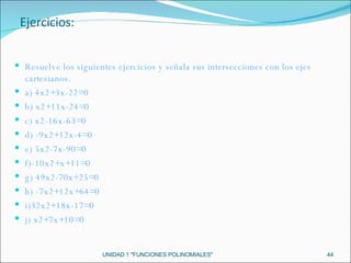 UNIDAD 1 "FUNCIONES POLINOMIALES" Resuelve los siguientes ejercicios y señala sus intersecciones con los ejes cartesianos. a) 4x2+3x-22=0 b) x2+11x-24=0 c) x2-16x-63=0 d) -9x2+12x-4=0 e) 5x2-7x-90=0 f)-10x2+x+11=0  g) 49x2-70x+25=0 h) -7x2+12x+64=0 i)32x2+18x-17=0 j) x2+7x+10=0 Ejercicios: 
