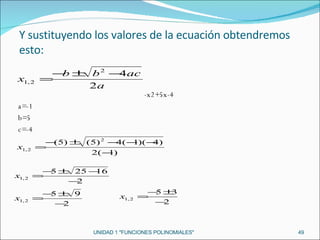 UNIDAD 1 "FUNCIONES POLINOMIALES" Y sustituyendo los valores de la ecuación obtendremos esto: -x2+5x-4 a=-1 b=5 c=-4 