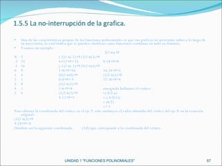 UNIDAD 1 "FUNCIONES POLINOMIALES" Una de las características propias de las funciones polinomiales es que sus graficas no presentan saltos a lo largo de su trayectoria, lo cual indica que se pueden clasificar como funciones continuas en todo su dominio. Veamos un ejemplo: X2-6x+9 X Y  (-2)2-6(-2)+9 (3)2-6(3)+9 -2 25 4+12+9= 25 9-18+9=0 -1 16 (-1)2-6(-1)+9 (4)2-6(4)+9 0 9 1+6+9=16 16-24+9=1 1 4 (0)2-6(0)+9 (5)2-6(5)+9 2 1 0-0+9= 9 25-30+9=4 3 0 (1)2-6(1)+9 4 1 1-6+9=4 enseguida hallamos el vértice: 5 4 (2)2-6(2)+9 v(-b/2 a) 4-12+9=1 v-(-6/2(1)) v (6/2) v= 3 Para obtener la coordenada del vértice en el eje Y solo sustituyes el valor obtenido del vértice del eje X en la ecuación original: (3)2-6(3)+9 9-18+9= 0 Dándote así la siguiente coordenada:  (3,0) que corresponde a la coordenada del vértice. 1.5.5 La no-interrupción de la grafica. 