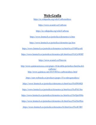 Web-Grafia
https://es.wikipedia.org/wiki/Carbonoideos
https://www.ecured.cu/Carbono
https://es.wikipedia.org/wiki/Carbono
https://www.lenntech.es/periodica/elementos/si.htm
https://www.lenntech.es/periodica/elementos/ge.htm
https://www.lenntech.es/periodica/elementos/sn.htm#ixzz55i8PaymS
https://www.lenntech.es/periodica/elementos/pb.htm#ixzz55iA2oWRP
https://www.ecured.cu/Flerovio
http://www.quimicaencasa.com/grupo-14-la-tabla-periodica-familia-del-
carbono/
http://www.quimicas.net/2015/08/los-carbonoideos.html
https://earr.webnode.es/products/grupo-15-o-nitrogenoideos/
https://www.lenntech.es/periodica/elementos/n.htm#ixzz55oDNI4QI
https://www.lenntech.es/periodica/elementos/p.htm#ixzz55oJFkU8m
https://www.lenntech.es/periodica/elementos/as.htm#ixzz55oOjmNMa
https://www.lenntech.es/periodica/elementos/sb.htm#ixzz55oZJm9Sm
https://www.lenntech.es/periodica/elementos/bi.htm#ixzz55oiJClB5
 