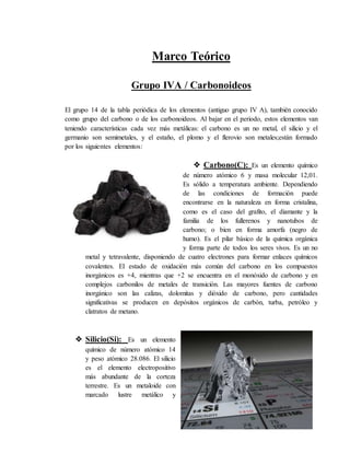 Marco Teórico
Grupo IVA / Carbonoideos
El grupo 14 de la tabla periódica de los elementos (antiguo grupo IV A), también conocido
como grupo del carbono o de los carbonoideos. Al bajar en el periodo, estos elementos van
teniendo características cada vez más metálicas: el carbono es un no metal, el silicio y el
germanio son semimetales, y el estaño, el plomo y el flerovio son metales;están formado
por los siguientes elementos:
❖ Carbono(C): Es un elemento químico
de número atómico 6 y masa molecular 12,01.
Es sólido a temperatura ambiente. Dependiendo
de las condiciones de formación puede
encontrarse en la naturaleza en forma cristalina,
como es el caso del grafito, el diamante y la
familia de los fullerenos y nanotubos de
carbono; o bien en forma amorfa (negro de
humo). Es el pilar básico de la química orgánica
y forma parte de todos los seres vivos. Es un no
metal y tetravalente, disponiendo de cuatro electrones para formar enlaces químicos
covalentes. El estado de oxidación más común del carbono en los compuestos
inorgánicos es +4, mientras que +2 se encuentra en el monóxido de carbono y en
complejos carbonilos de metales de transición. Las mayores fuentes de carbono
inorgánico son las calizas, dolomitas y dióxido de carbono, pero cantidades
significativas se producen en depósitos orgánicos de carbón, turba, petróleo y
clatratos de metano.
❖ Silicio(Si): Es un elemento
químico de número atómico 14
y peso atómico 28.086. El silicio
es el elemento electropositivo
más abundante de la corteza
terrestre. Es un metaloide con
marcado lustre metálico y
 