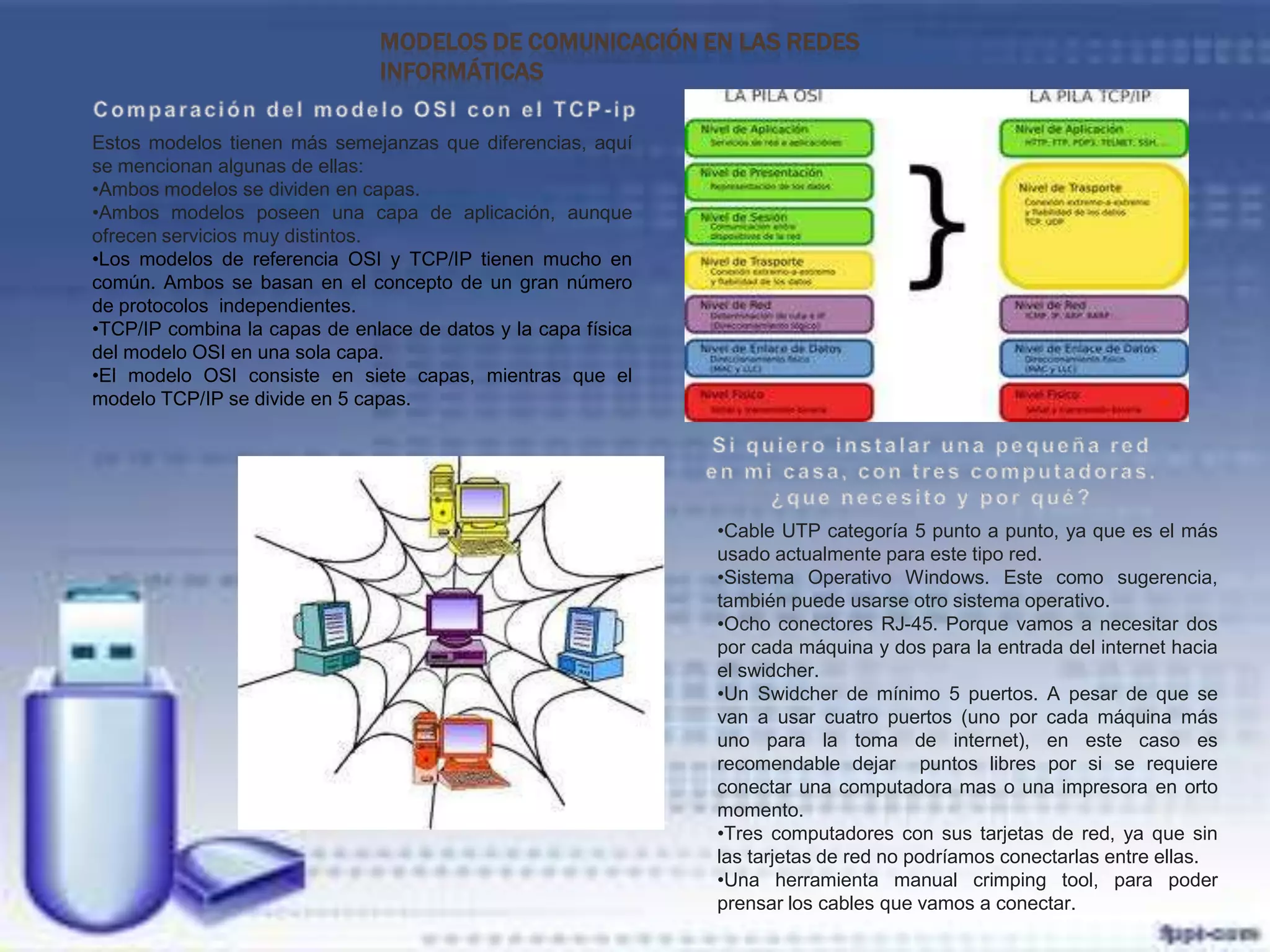 MODELOS DE COMUNICACIÓN EN LAS REDES
                               INFORMÁTICAS

Estos modelos tienen más semejanzas que diferencias, aquí
se mencionan algunas de ellas:
•Ambos modelos se dividen en capas.
•Ambos modelos poseen una capa de aplicación, aunque
ofrecen servicios muy distintos.
•Los modelos de referencia OSI y TCP/IP tienen mucho en
común. Ambos se basan en el concepto de un gran número
de protocolos independientes.
•TCP/IP combina la capas de enlace de datos y la capa física
del modelo OSI en una sola capa.
•El modelo OSI consiste en siete capas, mientras que el
modelo TCP/IP se divide en 5 capas.




                                                               •Cable UTP categoría 5 punto a punto, ya que es el más
                                                               usado actualmente para este tipo red.
                                                               •Sistema Operativo Windows. Este como sugerencia,
                                                               también puede usarse otro sistema operativo.
                                                               •Ocho conectores RJ-45. Porque vamos a necesitar dos
                                                               por cada máquina y dos para la entrada del internet hacia
                                                               el swidcher.
                                                               •Un Swidcher de mínimo 5 puertos. A pesar de que se
                                                               van a usar cuatro puertos (uno por cada máquina más
                                                               uno para la toma de internet), en este caso es
                                                               recomendable dejar puntos libres por si se requiere
                                                               conectar una computadora mas o una impresora en orto
                                                               momento.
                                                               •Tres computadores con sus tarjetas de red, ya que sin
                                                               las tarjetas de red no podríamos conectarlas entre ellas.
                                                               •Una herramienta manual crimping tool, para poder
                                                               prensar los cables que vamos a conectar.
 