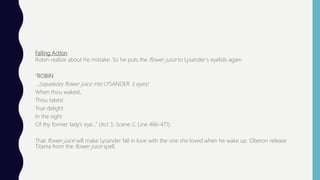 Falling Action
Robin realize about his mistake. So he puts the flower juice to Lysander’s eyelids again
“ROBIN
…(squeezes flower juice into LYSANDER ’s eyes)
When thou wakest,
Thou takest
True delight
In the sight
Of thy former lady’s eye…” (Act 3, Scene 2, Line 466-471)
That flower juice will make Lysander fall in love with the one she loved when he wake up. Oberon release
Titania from the flower juice spell.
 