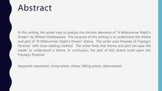 Abstract
In this writing, the writer tries to analyze the intrinsic elements of “A Midsummer Night’s
Dream” by William Shakespeare The purpose of this writing is to understand the theme
and plot of “A Midsummer Night’s Dream” drama. The writer uses theories of Freytag’s
Pyramid with close reading method. The writer finds that theme and plot can ease the
reader to understand a drama. In conclusion, the plot of this drama build upon the
Freytag’s Pyramid.
Keywords: exposition, rising action, climax, falling action, denouement
 