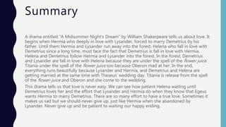 Summary
A drama entitled “A Midsummer Night’s Dream” by William Shakerpeare tells us about love. It
begins when Hermia who deeply in love with Lysander, forced to marry Demetrius by his
father. Until them Hermia and Lysander run away into the forest. Helena who fall in love with
Demetrius since a long time, must face the fact that Demetrius is fall in love with Hermia.
Helena and Demetrius follow Hermia and Lysander into the forest. In the forest, Demetrius
and Lysander are fall in love with Helena because they are under the spell of the flower juice.
Titania under the spell of the flower juice too because Oberon mad at her. In the end,
everything runs beautifully because Lysander and Hermia, and Demetrius and Helena are
getting married at the same time with Theseus’ wedding day. Titania is release from the spell
of the flower juice and Oberon and she come to the wedding.
This drama tells us that love is never easy. We can see how patient Helena waiting until
Demetrius loves her and the effort that Lysander and Hermia do when they know that Egeus
wants Hermia to marry Demetrius. There are so many effort to have a true love. Sometimes it
makes us sad but we should never give up, just like Hermia when she abandoned by
Lysander. Never give up and be patient to waiting our happy ending.
 