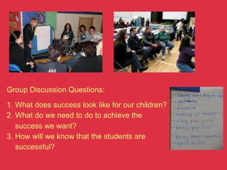 Group Discussion Questions:

1. What does success look like for our children?
2. What do we need to do to achieve the
   success we want?
3. How will we know that the students are
   successful?
 
