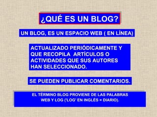 EL TÉRMINO BLOG PROVIENE DE LAS PALABRAS WEB Y LOG ('LOG' EN INGLÉS = DIARIO).  ¿QUÉ ES UN BLOG? ACTUALIZADO PERIÓDICAMENTE Y  QUE RECOPILA  ARTÍCULOS O ACTIVIDADES QUE SUS AUTORES HAN SELECCIONADO. UN BLOG, ES UN ESPACIO WEB ( EN LÍNEA) SE PUEDEN PUBLICAR COMENTARIOS. 