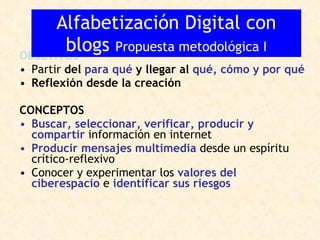 OBJETIVOS Partir  del  para qué  y llegar al  qué, cómo y por qué Reflexión desde la creación   CONCEPTOS Buscar, seleccionar, verificar, producir y compartir  información en internet Producir mensajes multimedia  desde un espíritu crítico-reflexivo Conocer y experimentar los  valores del ciberespacio  e  identificar sus riesgos Alfabetización Digital con blogs  Propuesta metodológica I 
