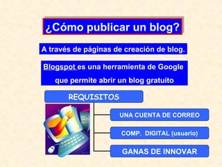 ¿Cómo publicar un blog? A través de páginas de creación de blog. Blogspot  es una herramienta de Google  que permite abrir un blog gratuíto REQUISITOS UNA CUENTA DE CORREO COMP.  DIGITAL (usuario) GANAS DE INNOVAR 