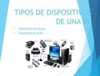 TIPOS DE DISPOSITIVOS
DE UNA PC
1. Dispositivos de entrada
2. Dispositivos de salida
 