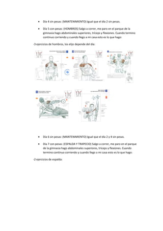 •   Día 4 sin pesas: (MANTENIMIENTO) Igual que el día 2 sin pesas.

    •   Día 5 con pesas: (HOMBROS) Salgo a correr, me paro en el parque de la
        gimnasia hago abdominales superiores, tríceps y flexiones. Cuando termino
        continuo corriendo y cuando llego a mi casa esto es lo que hago:

-3 ejercicios de hombros, los elijo depende del día:




    •   Día 6 sin pesas: (MANTENIMIENTO) Igual que el día 2 y 4 sin pesas.

    •   Día 7 con pesas: (ESPALDA Y TRAPECIO) Salgo a correr, me paro en el parque
        de la gimnasia hago abdominales superiores, tríceps y flexiones. Cuando
        termino continuo corriendo y cuando llego a mi casa esto es lo que hago:

-2 ejercicios de espalda:
 