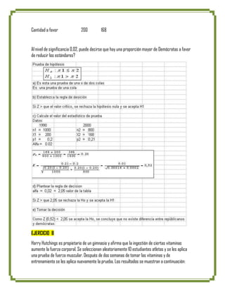 Cantidad a favor              200         168


Al nivel de significancia 0,02, puede decirse que hay una proporción mayor de Demócratas a favor
de reducir los estándares?




EJERCICIO 8
Harry Hutchings es propietario de un gimnasio y afirma que la ingestión de ciertas vitaminas
aumente la fuerza corporal. Se seleccionan aleatoriamente 10 estudiantes atletas y se les aplica
una prueba de fuerza muscular. Después de dos semanas de tomar las vitaminas y de
entrenamiento se les aplica nuevamente la prueba. Los resultados se muestran a continuación:
 