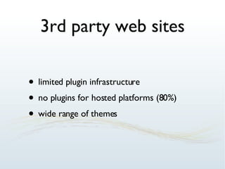 3rd party web sites limited plugin infrastructure no plugins for hosted platforms (80%) wide range of themes 