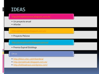 IDEAS
http://elviajedevanesa.blogspot.com.es/

• Un proyecto anual
• Añorbe

http://pingumufin.blogspot.com.es/

• Proyect...