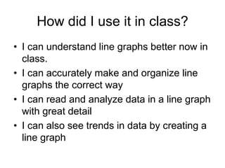 How did I use it in class?
• I can understand line graphs better now in
  class.
• I can accurately make and organize line
  graphs the correct way
• I can read and analyze data in a line graph
  with great detail
• I can also see trends in data by creating a
  line graph
 