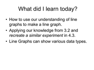 What did I learn today?
• How to use our understanding of line
  graphs to make a line graph.
• Applying our knowledge from 3.2 and
  recreate a similar experiment in 4.3.
• Line Graphs can show various data types.
 