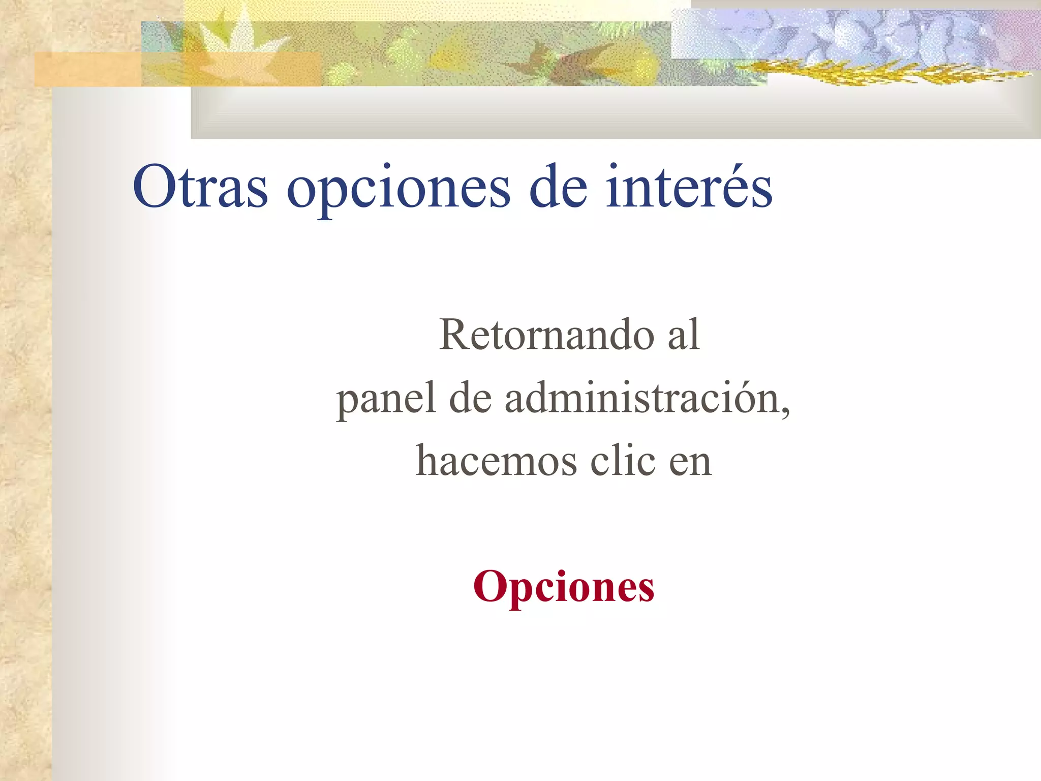 Otras opciones de interés Retornando al panel de administración, hacemos clic en Opciones 