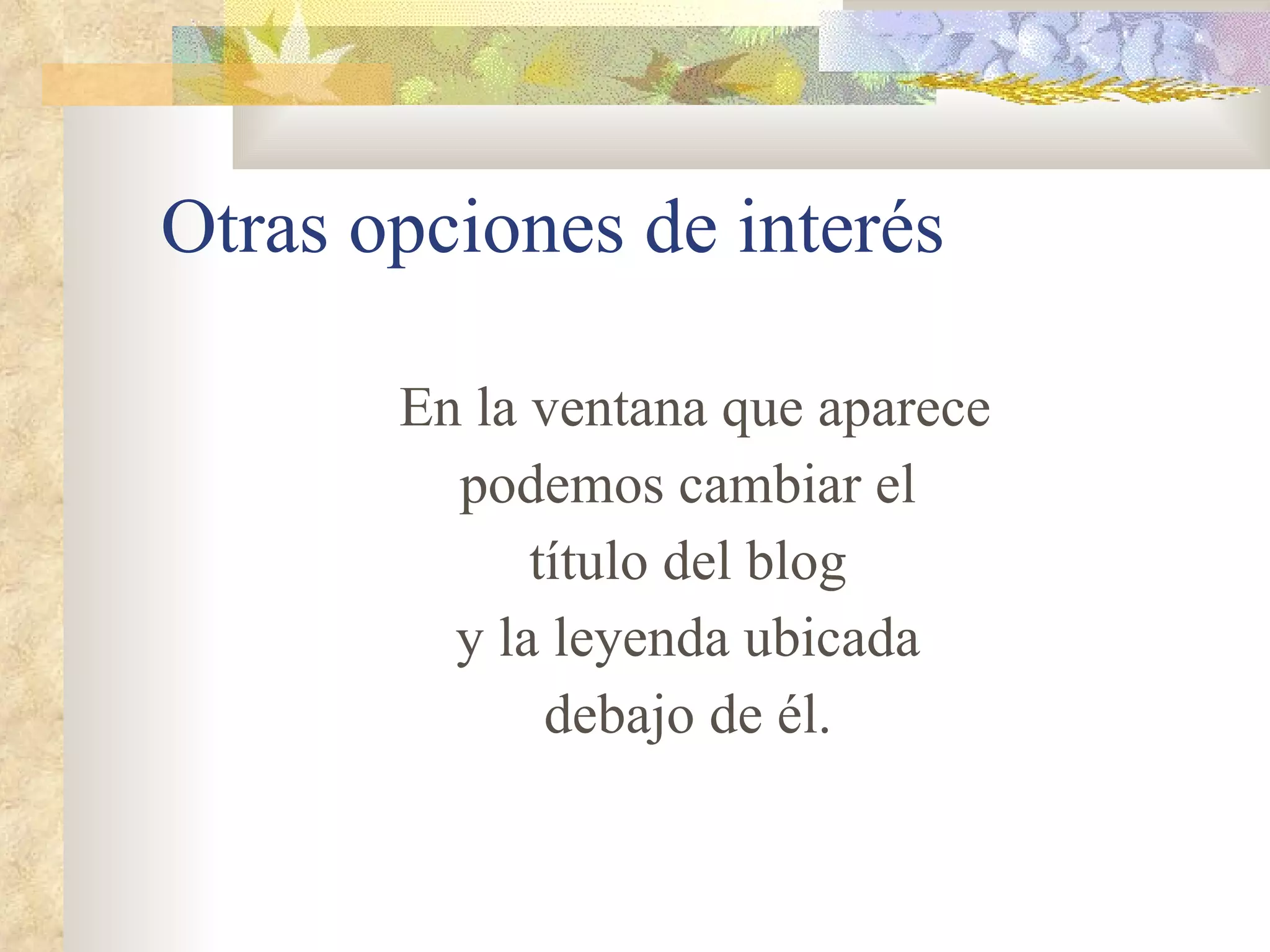 Otras opciones de interés En la ventana que aparece podemos cambiar el título del blog y la leyenda ubicada debajo de él. 