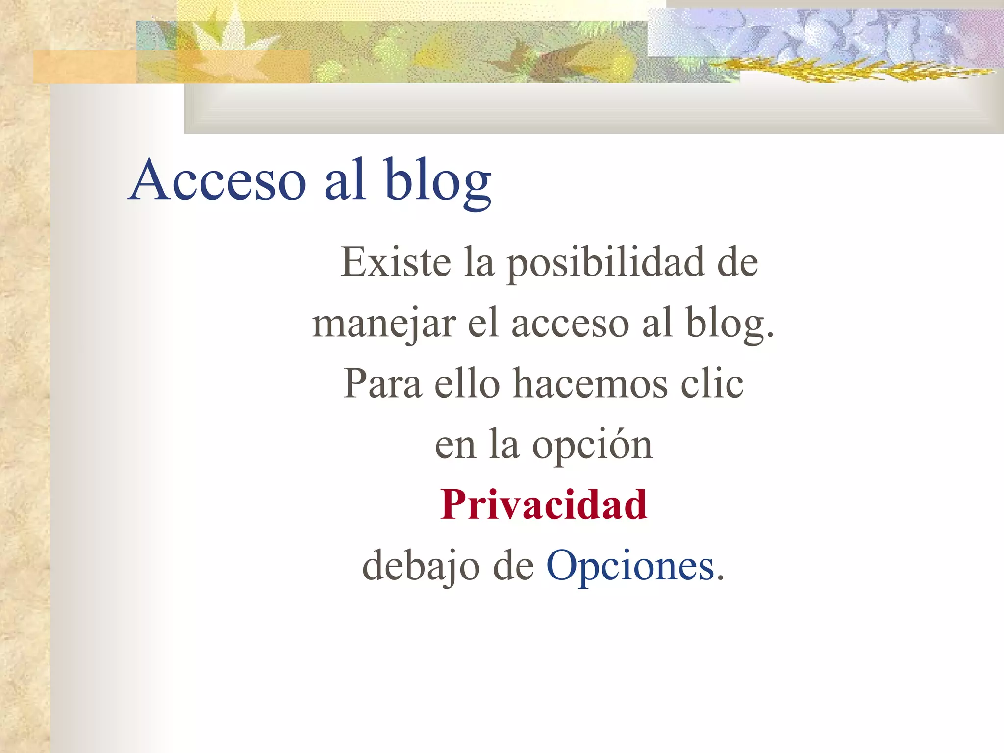 Acceso al blog Existe la posibilidad de manejar el acceso al blog. Para ello hacemos clic en la opción Privacidad debajo de  Opciones . 
