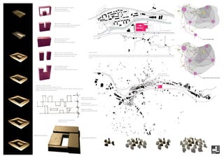OBJETUAREN BARNE OBJETUA SARTZEA
                                         objetuaren barneko aktuazioa
                                         barne hutsunea=2.mailako hutsunea




                                                                                                                                                                                                                                          HIRIAREKIKO LOTURA



                                         OBJETUARI HUTSUNEAK SORTZEA
                                         objetuak ez du lehenengo mailako hutsunerik konkistatuko
                                         baina 1.go mailako hutsunea objetuan sartzen da

                                                                                                                                                                                                                                                                                                             AUZO TERAPEUTIKO


                                                                                                                                                                                                                                       TREN GELTOKIA

                                         OBJETUARI OBJETUA GEHITZEA
                                         onjetuari objetua gehitzea
                                         1.go mailako hutsunearen zati baten okupazioa




                                         OBJETUA BITAN HUTSUNEZ BANATZEA                                              Errepidearen aldaketa:
                                         lehenengo mailako hutsuneaz objetua bitan zatitzea                           Plan partzialak proposatzen dituen rotonda eta errepidea (gure lan orubea zeharkatzen duena) gure proiektura egokitzea erabaki dugu. Errepideen planteamentu hori planak proposatzen dituen erabiletarako egokia da
                                         emaitza: 1.go mailako hutsunean orain 2 objetu.                              (etxebizitzak + lantegi gunea). Gure kasuan, zentroa=zentroa+auzoa denez, hauen arteko banaketa radikala suposatuko luke errepide horrek, eta ondorioz bariantetik desbioa lehenago egitea proposatzen dugu, auzora lotura
                                                                                                                      sortzeko.




                                         HUTSUNE BERRIEN KONKISTA
                                         objetuari objetuak gehitzea
                                         objetuak 1.go mailako tarteko hutsuneak konkistatuz


                                                                                                                                                                                                                                                                                                     hiria antolatzeko plan
                                                                                                                                                                                                                                                                                                     orokorreko proposamena




                                                                                                                                                                                                                                                                                                                              8
                                                                                                                                                                                                                                                                                                                              59.3
  ERAIKITZE KONTZEPTU ESKEMA
  terapia fase bakoitzerako, hutsunea tratatzeko modu bat.
  terapiak indibidualtasunetik hasten dira, objetuaren barne objetuaz, babesean, pixkanaka mailaz igoz,
  kanporuntz, gizartera salto egin arte prestatzen.



                                                                                                                                                                                                  50




                                                                                                    terapiako fase komunitarioa.                                                             50




                                                                                                    hutsunearen konkista (gizarteruntz)


                                                                                                    terapiako fase grupala.
                                                                                                    objetuari hutsunea sortu (kanporuntz)


                                                                                                    terapiako fase indibiduala.
                                                                                                    objetuaren barnean objetua (babesa)




                                                  TERAPIAKO FASE KOMUNITARIOA
                                                  HIRI SIMULAIZOA




TERAPIAKO FASE GRUPALA
                                                                                                    TERAPIAKO FASE INDIBIDUALA
                                                                                                                                                                                                                               9
                                                                                                                                                                                                                                87.8
 