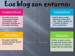 Los blog son entorno:
 Colaborativos                Interactivos
• Permiten que otros       • Desde ellos pueden
  internautas añadan         enlazarse otros sitios
  comentarios a las          web, videos, audios, et
  entradas iniciadas por     c. Dando acceso a
  el creador del blog.       otros contenidos.




    Definibles                  Gratuitos
• Se puede delimitar       •Existe un gran numero
  quienes pueden añadir    de espacios donde crear
  comentarios.             los blog que no incluyen
                           ningún tipo de publicidad.
 