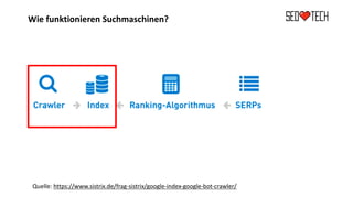 Wie funktionieren Suchmaschinen?
Quelle: https://www.sistrix.de/frag-sistrix/google-index-google-bot-crawler/
 