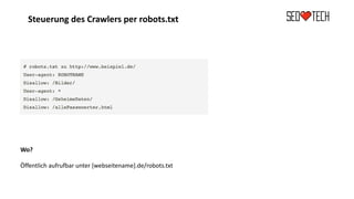 Steuerung des Crawlers per robots.txt
Wo?
Öffentlich aufrufbar unter [webseitename].de/robots.txt
 