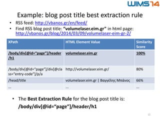 Example: blog post title best extraction rule
• RSS feed: http://vbanos.gr/en/feed/
• Find RSS blog post title: “volumelaser.eim.gr” in html page:
http://vbanos.gr/blog/2014/03/09/volumelaser-eim-gr-2/
12
XPath HTML Element Value Similarity
Score
/body/div[@id=“page”]/header
/h1
volumelaser.eim.gr 100%
/body/div[@id=“page”]/div[@cla
ss=“entry-code”]/p/a
http://volumelaser.eim.gr/ 80%
/head/title volumelaser.eim.gr | Βαγγέλης Μπάνος 66%
... ... ...
• The Best Extraction Rule for the blog post title is:
/body/div[@id=“page”]/header/h1
 