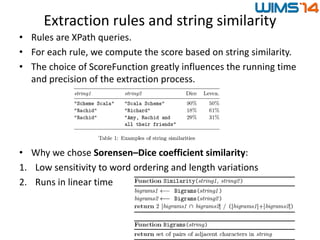 Extraction rules and string similarity
• Rules are XPath queries.
• For each rule, we compute the score based on string si...
