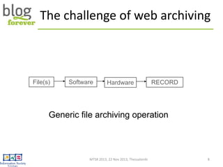 The challenge of web archiving

File(s)

Software

Hardware

RECORD

Generic file archiving operation

MTSR 2013, 22 Nov 2...