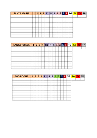 SANTA MARIA     1 2 3 4 R1 R R 1 2 S F TG TA TV TP




SANTA TERESA   1 2 3 4 R1 R R 1 2 S F TG TA TV TP




 SÃO ROQUE     1 2 3 4 R1 R R 1 2 S F TG TA TV TP
 