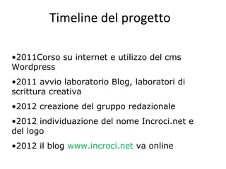Timeline del progetto
•2011Corso su internet e utilizzo del cms
Wordpress
•2011 avvio laboratorio Blog, laboratori di
scrittura creativa
•2012 creazione del gruppo redazionale
•2012 individuazione del nome Incroci.net e
del logo
•2012 il blog www.incroci.net va online
 