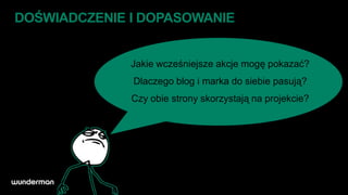 DOŚWIADCZENIE I DOPASOWANIE


              Jakie wcześniejsze akcje mogę pokazać?
              Dlaczego blog i marka do siebie pasują?
              Czy obie strony skorzystają na projekcie?
 
