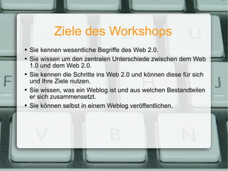 Ziele des Workshops Sie kennen wesentliche Begriffe des Web 2.0. Sie wissen um den zentralen Unterschiede zwischen dem Web 1.0 und dem Web 2.0. Sie kennen die Schritte ins Web 2.0 und können diese für sich und Ihre Ziele nutzen. Sie wissen, was ein Weblog ist und aus welchen Bestandteilen er sich zusammensetzt. Sie können selbst in einem Weblog veröffentlichen. 