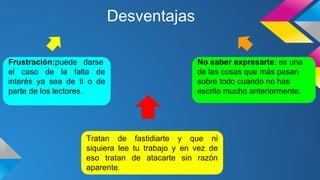 Desventajas
Frustración:puede darse
el caso de la falta de
interés ya sea de ti o de
parte de los lectores.

No saber expresarte: es una
de las cosas que más pasan
sobre todo cuando no has
escrito mucho anteriormente.

Tratan de fastidiarte y que ni
siquiera lee tu trabajo y en vez de
eso tratan de atacarte sin razón
aparente.

 