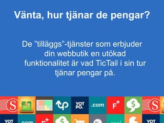 Vänta, hur tjänar de pengar?
De tilläggstjänster som erbjuder din
webbutik en utökad funktionalitet är
vad TicTail i sin tur tjänar pengar
på.
 