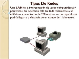 Tipos De Redes Una  LAN  es la interconexión de varias computadoras y periféricos. Su extensión está limitada físicamente a un edificio o a un entorno de 200 metros, o con repetidores podría llegar a la distancia de un campo de 1 kilómetro. 