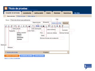 Cita
               Título del artículo que publicamos
                                                        Hipervínculos      Alineación



                     Estilo párrafo                   Color Subrayado
                                                                                 Lista numerica              Corrector
            Tipografía                          Color Texto
                            Estilos caracter:                       Foto         Lista con viñetas       Eliminar formato
                            Negrita
                            Cursiva                                     Video
                            Subrayado
                                                                    Eliminar formato de la selección
                            Tachado



Deshacer
           Rehacer




                                                                                                                                   by scribaid




                                                                                                                            by scribaid
 
