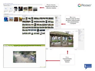 Página PrinciPal.
Muestra de todos los
 álbunes creados.




                                    Mis fotos.
                            Muestra todas las fotos
                            del album seleccionado.
                             - Sus características.
                                   - Compartir




                           foto.
                       Características.                      by scribaid

                         Compartir.
                          Edición



                                                      by scribaid
 