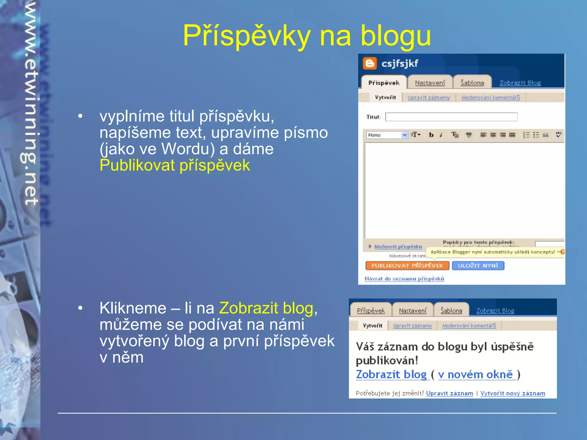 Příspěvky na blogu vyplníme titul příspěvku, napíšeme text, upravíme písmo (jako ve Wordu) a dáme  Publikovat příspěvek Klikneme – li na  Zobrazit blog , můžeme se podívat na námi vytvořený blog a první příspěvek v něm 