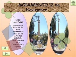MONUMENTO 12 de
          Noviembre

  12 DE
NOVIEMBRE
  conmemora a
  la batalla del
      12 de
 noviembre de
  1820 que los
    patriotas
   ambateños
libraron en pro
      de la
Independencia
    española.
 