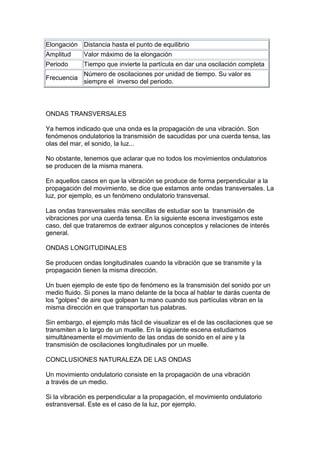Elongación Distancia hasta el punto de equilibrio
Amplitud     Valor máximo de la elongación
Periodo      Tiempo que invierte la partícula en dar una oscilación completa
             Número de oscilaciones por unidad de tiempo. Su valor es
Frecuencia
             siempre el inverso del periodo.




ONDAS TRANSVERSALES

Ya hemos indicado que una onda es la propagación de una vibración. Son
fenómenos ondulatorios la transmisión de sacudidas por una cuerda tensa, las
olas del mar, el sonido, la luz...

No obstante, tenemos que aclarar que no todos los movimientos ondulatorios
se producen de la misma manera.

En aquellos casos en que la vibración se produce de forma perpendicular a la
propagación del movimiento, se dice que estamos ante ondas transversales. La
luz, por ejemplo, es un fenómeno ondulatorio transversal.

Las ondas transversales más sencillas de estudiar son la transmisión de
vibraciones por una cuerda tensa. En la siguiente escena investigamos este
caso, del que trataremos de extraer algunos conceptos y relaciones de interés
general.

ONDAS LONGITUDINALES

Se producen ondas longitudinales cuando la vibración que se transmite y la
propagación tienen la misma dirección.

Un buen ejemplo de este tipo de fenómeno es la transmisión del sonido por un
medio fluido. Si pones la mano delante de la boca al hablar te darás cuenta de
los "golpes" de aire que golpean tu mano cuando sus partículas vibran en la
misma dirección en que transportan tus palabras.

Sin embargo, el ejemplo más fácil de visualizar es el de las oscilaciones que se
transmiten a lo largo de un muelle. En la siguiente escena estudiamos
simultáneamente el movimiento de las ondas de sonido en el aire y la
transmisión de oscilaciones longitudinales por un muelle.

CONCLUSIONES NATURALEZA DE LAS ONDAS

Un movimiento ondulatorio consiste en la propagación de una vibración
a través de un medio.

Si la vibración es perpendicular a la propagación, el movimiento ondulatorio
estransversal. Este es el caso de la luz, por ejemplo.
 
